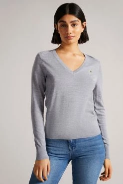 tedbaker Shop Online 16 Ted Baker Abiygal Grey Merino Edit V-Neck Jumper